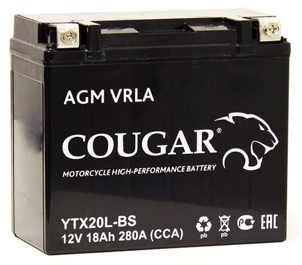 Аккумулятор мотоциклетный COUGAR AGM VRLA 12V18 YTX20L-BS 18 Ач