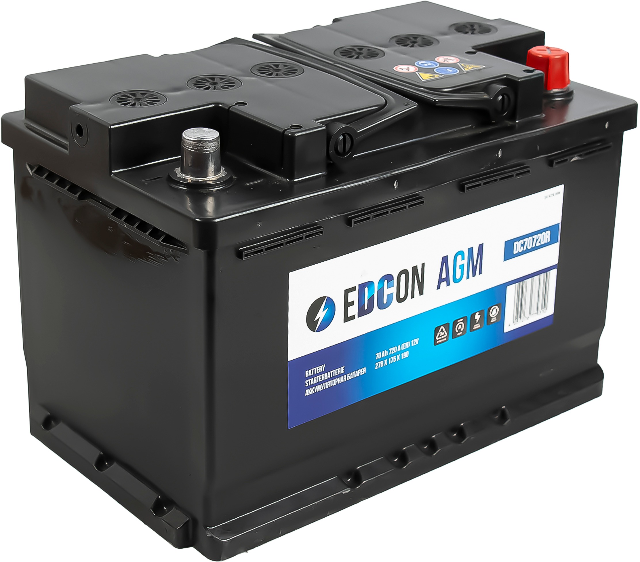 Аккумулятор автомобильный EDCON AGM 70Ah 720A ОП (278x175x190) L3