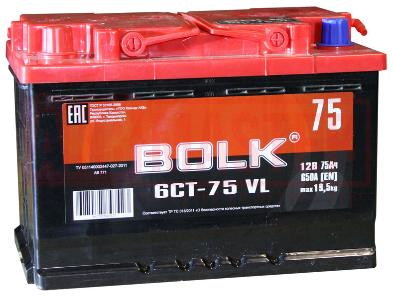 Аккумулятор автомобильный BOLK AB 771 6СТ-75 Ач прям.