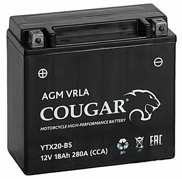 Аккумулятор мотоциклетный COUGAR AGM VRLA 12V18 YTX20-BS 18 Ач