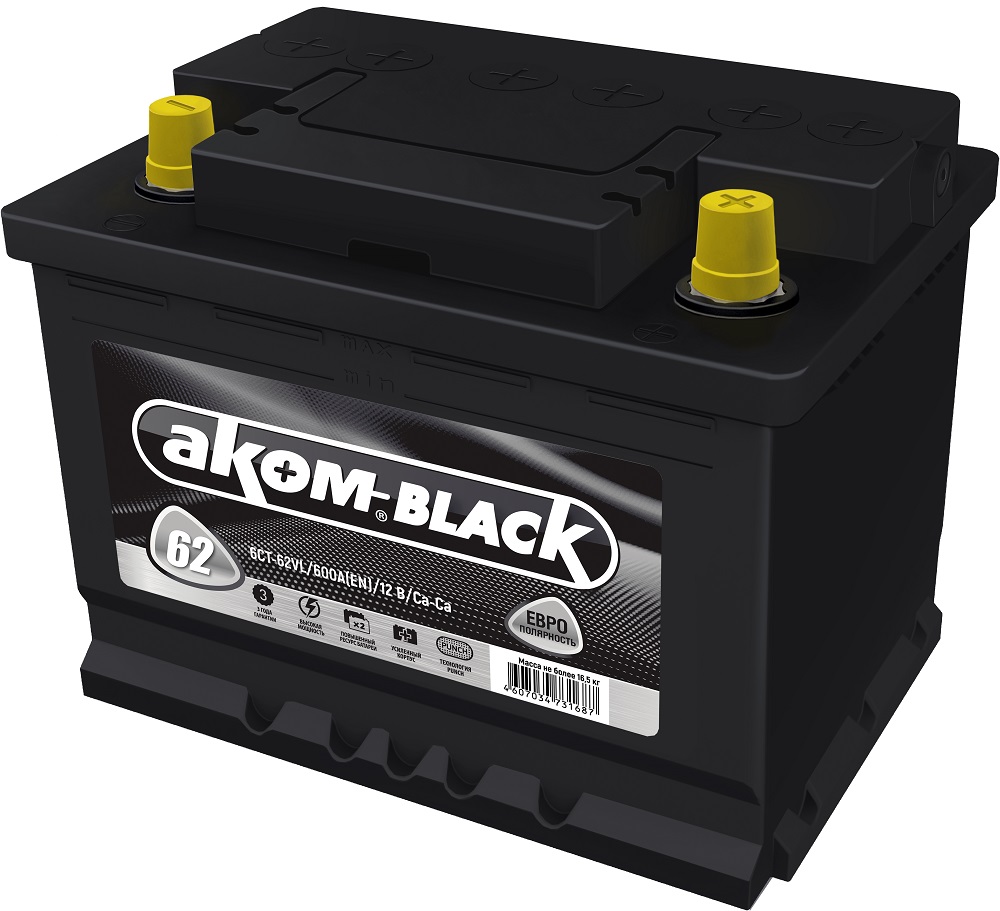 Аккумулятор АКОМ BLACK 6СТ-62 Ач обр.