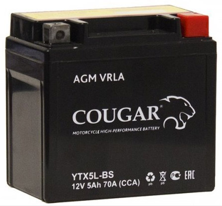 Аккумулятор мотоциклетный COUGAR AGM VRLA 12V5 YTX5L-BS 5 Ач