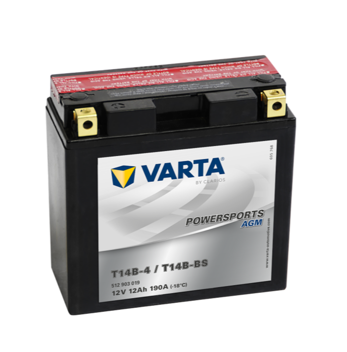 Аккумулятор мотоциклетный VARTA AGM 12 А.ч 190А ПП 512 903 019 T14B-BS (152x70x150)