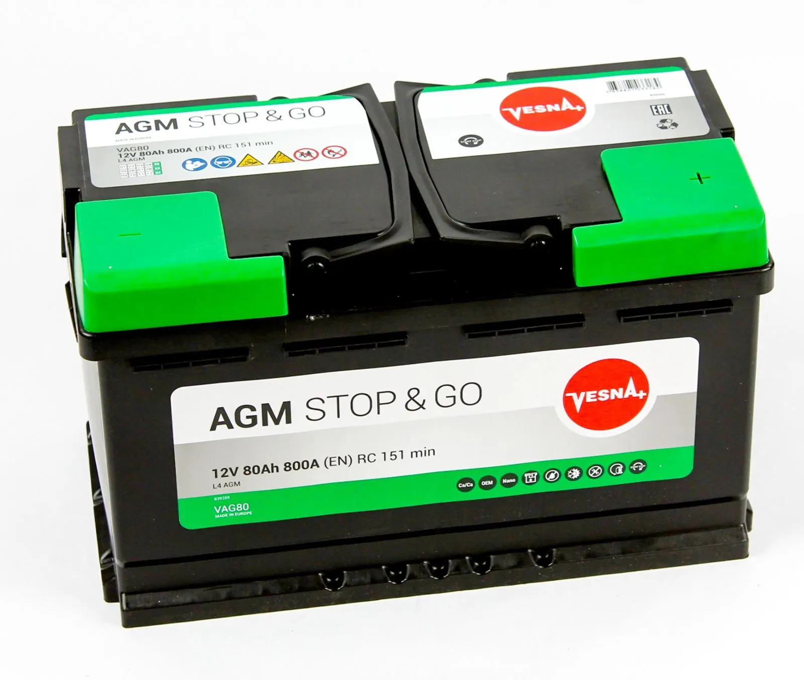 Аккумулятор автомобильныйVESNA AGM Stop&Go 80Ah 800A ОП (315х175х190) L4