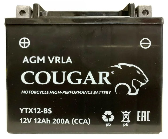 Аккумулятор мотоциклетный COUGAR AGM VRLA 12V12 YTX12-BS 12 Ач