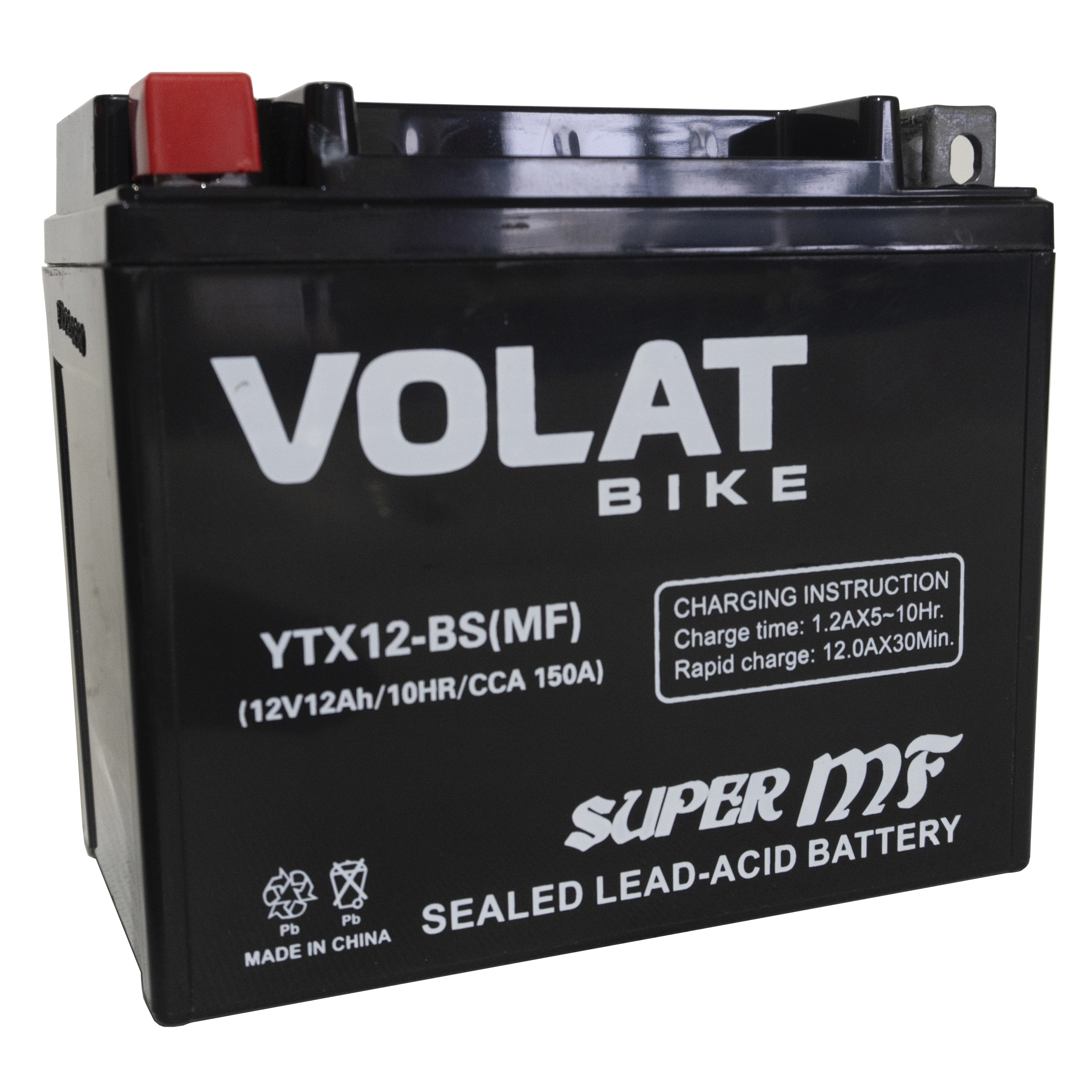 Аккумулятор мотоциклетный Volat 12Ah 150А YTX12-BS ПП (MF) L+ (150x87x130)