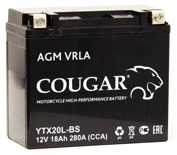 Аккумулятор мотоциклетный COUGAR AGM VRLA 12V18 YTX20L-BS 18 Ач
