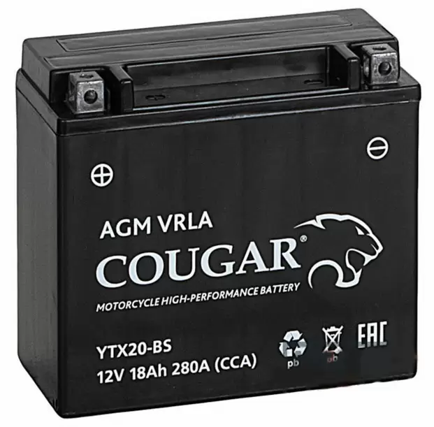 Аккумулятор мотоциклетный COUGAR AGM VRLA 12V18 YTX20-BS 18 Ач