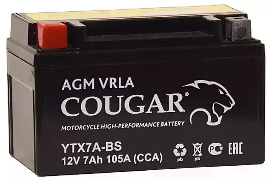 Аккумулятор мотоциклетный COUGAR AGM VRLA 12V7 YTX7A-BS 7 Ач