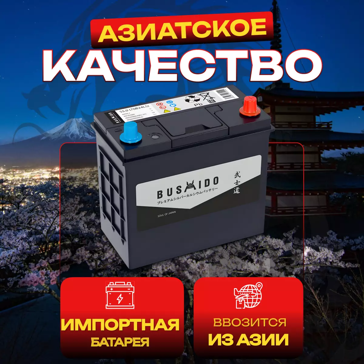 Аккумулятор автомобильный Bushido 70B24LS 6СТ-55 Ач обр.