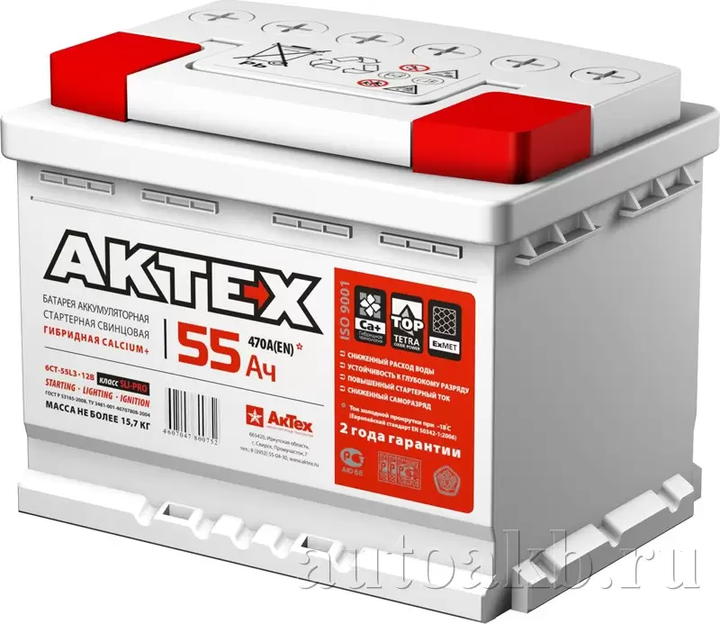 Аккумулятор автомобильный АКТЕХ АТ 55A3-L 6СТ-55 прям.