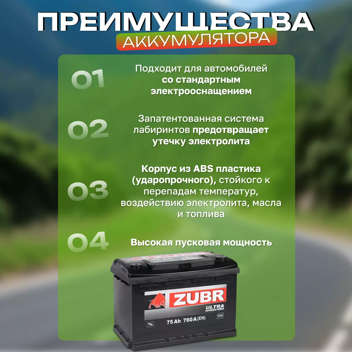 Аккумулятор автомобильный Zubr Ultra 6СТ-75 обр.