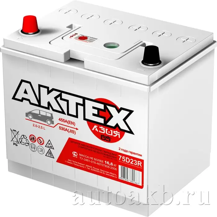 Аккумулятор автомобильный АКТЕХ 75D23R (ATА 65A3-L) 6СТ-65 Ач прям.