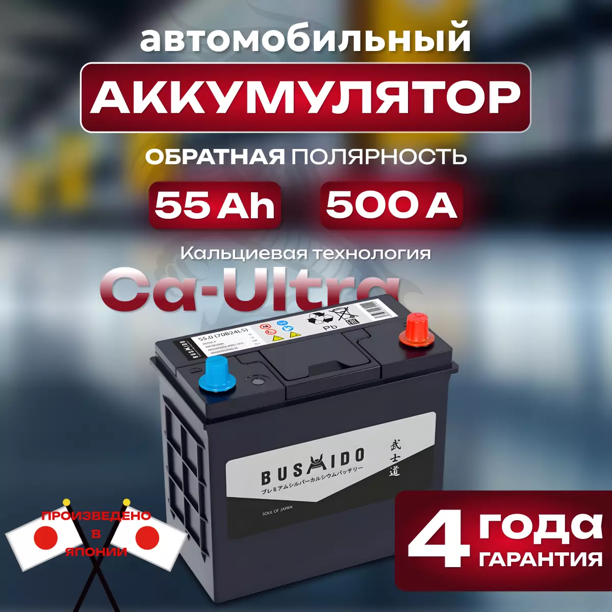 Аккумулятор автомобильный Bushido 70B24LS 6СТ-55 Ач обр.