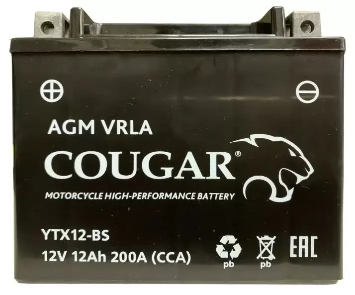 Аккумулятор мотоциклетный COUGAR AGM VRLA 12V12 YTX12-BS 12 Ач